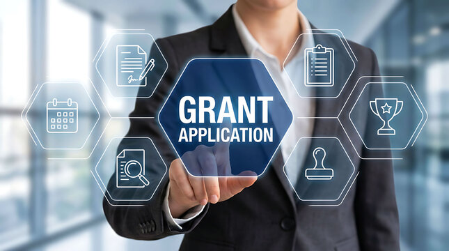Professional touching a virtual screen with grant application icons and options