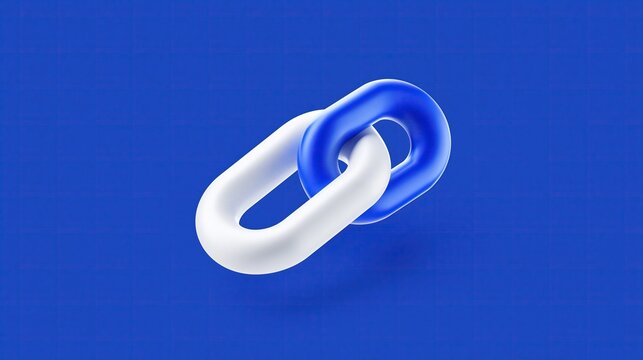 3D rendered interlocking chain links with one white and one blue link on solid blue background representing web connection and digital hyperlink technology concept
