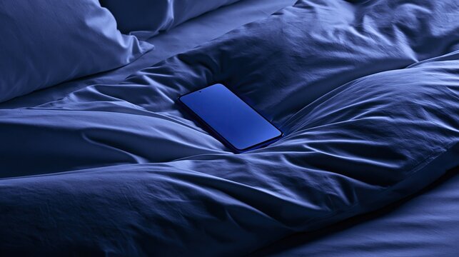 Smartphone with blank glowing blue screen lying on wrinkled white bed sheets at night in dark blue light showing late night mobile phone use concept