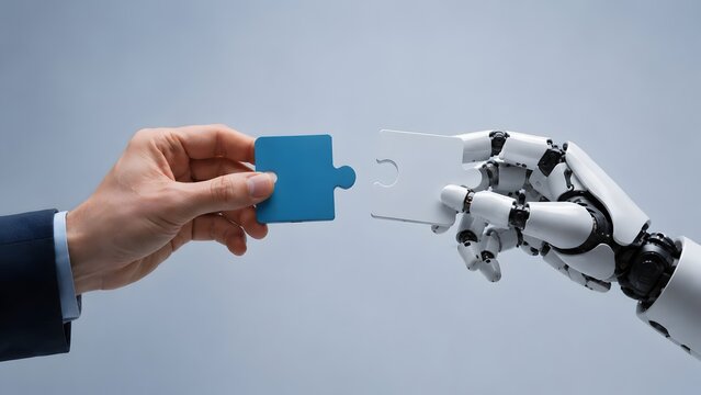 Artificial intelligence problem solving with human and robot hands connecting puzzle pieces representing business strategy and technology integration