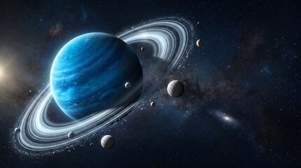 Fototapeta premium Blue gas giant planet with glowing rings surrounded by distant stars and moons in deep space ringed planet solar system night sky outer space digital art universe astronomy celestial stardust