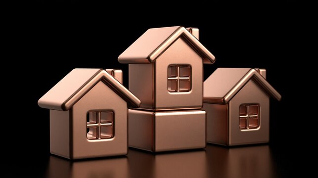 Three increasing sized copper metallic house icons on solid black background representing growth of real estate market and rising property values