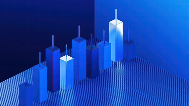 Abstract 3D isometric financial upward bar graph data visualization in multiple shades of blue on striped blue background representing steady business growth