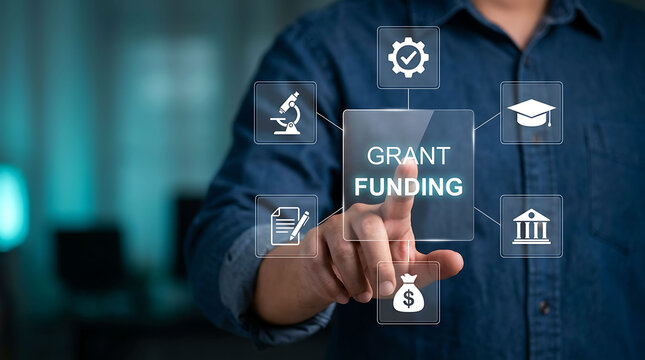 Businessman hand touching virtual screen for grant funding and research support