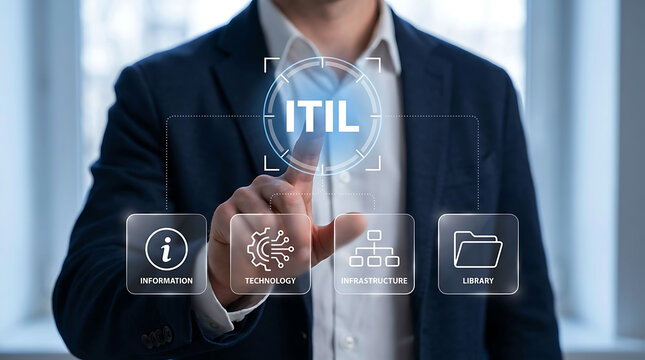 Businessman interacting with digital touchscreen interface showing ITIL concept
