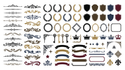 Heraldic crest divider collection with crowns and shields icons. © MDTAZBIRHOSSAIN
