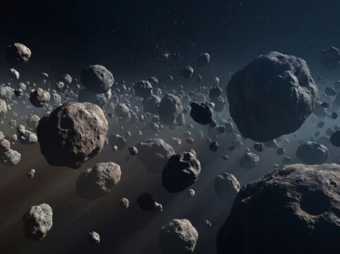Dense asteroid belt field filled with numerous rocky space rocks and meteoroids drifting through dark solar system rocky asteroids space debris meteoroids meteorite astronomy universe asteroid