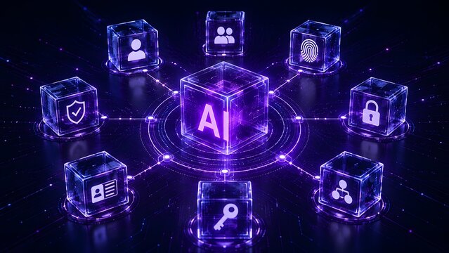 Artificial intelligence centralized network concept with glowing AI cube connecting to security and user authentication nodes