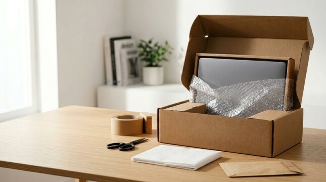 Open cardboard box with a laptop and packing materials on a wooden desk.