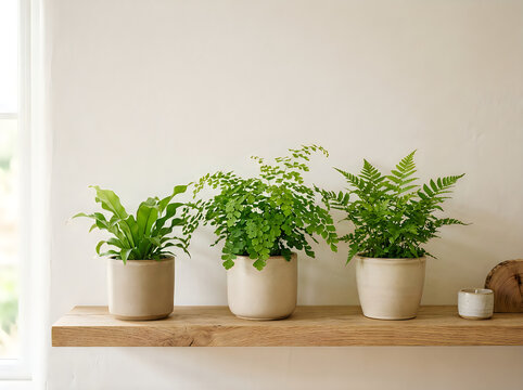 Collection of potted houseplants on a light wood shelf near a window