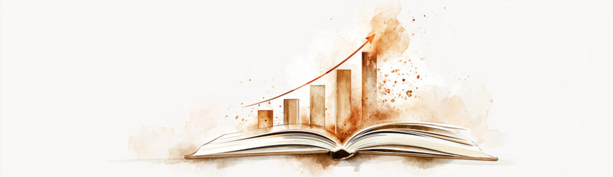 An open book with a rising bar graph emerging, symbolizing knowledge growth and learning progress in a watercolor style.