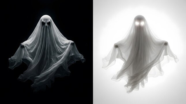 Dual contrast ghost figures, one dark and one light, representing duality and supernatural spirits