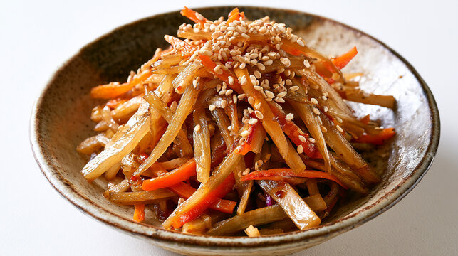 A Clean Commercial Stock Photograph of Traditional Japanese Kinpira Gobo Stir-Fried Burdock and Carrot Slices Topped with Sesame Seeds in a Ceramic Bowl