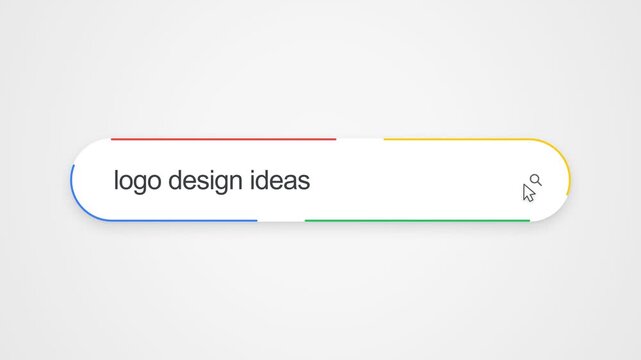 Close-up view of typing "logo design ideas" into an online search bar with a cursor clicking the search icon, illustrating internet search and graphic design research