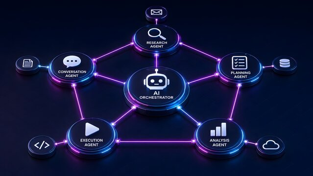 Artificial intelligence orchestrator managing multi agent system with glowing connection nodes for automated research planning and execution