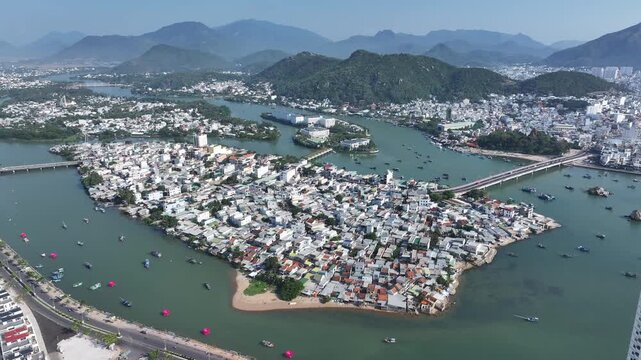 Aerial view of Nha Trang city skyline with beach scenery in Vietnam