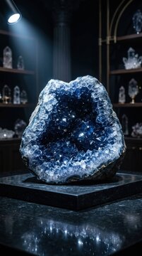 Stunning Blue Geode Crystal Displayed in a Dark Mystical Setting.