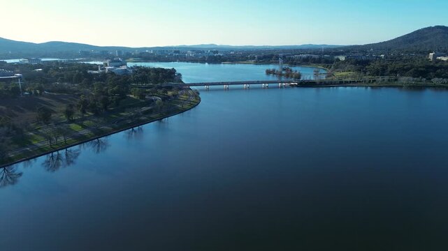 Drone aerial landscape of Lake Burley Griffin in Canberra city with the Commonwealth Avenue road Bridge and the National Carillon Aspen Island in the background Parkes ACT Australia transport tourism