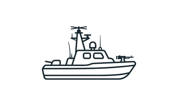 Minimalist military patrol boat line art icon featuring a naval vessel with radar mast and bow mounted weapon on a plain white background.