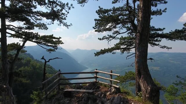 Aerial view of Banjska Stena viewpoint with pine trees and wooden fence overlooking the Drina River canyon in Rastiste, Zlatiborski okrug, Serbia.