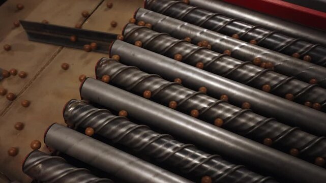 Macadamia nuts roll away from sizing machinery in production facility