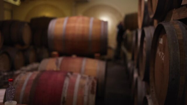 Atmospheric defocused pan shot of wooden wine casks in wine cellar