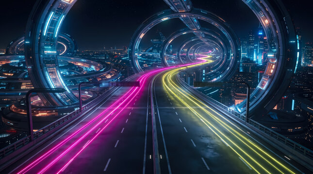 Futuristic urban highway with neon glowing light trails running through high tech metallic circular structures.