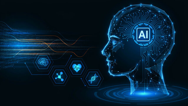 Artificial intelligence human head profile, digital AI brain network concept, glowing blue neural technology interface 4K