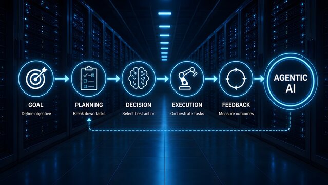 Agentic artificial intelligence workflow infographic in server room displaying goal planning decision execution and feedback loop concept
