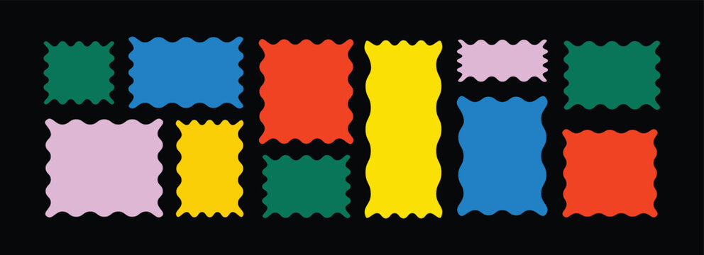 Colorful Wavy Rectangle Frames Collection on Black Background, Playful Abstract Border Shapes for Modern Graphic Design