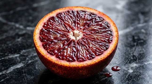 Fresh juicy blood orange cut in half on dark marble table