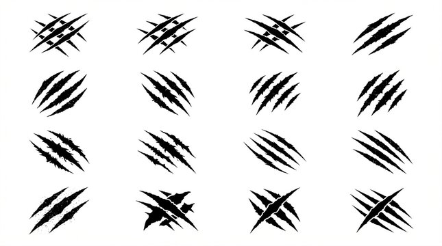 Set of black claw scratch marks, beast slash vectors, animal attack symbols, and predator slash icons on a clean white background for design