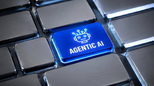 Agentic artificial intelligence illuminated on blue keyboard button with metallic keys symbolizing advanced automation cyber technology and network