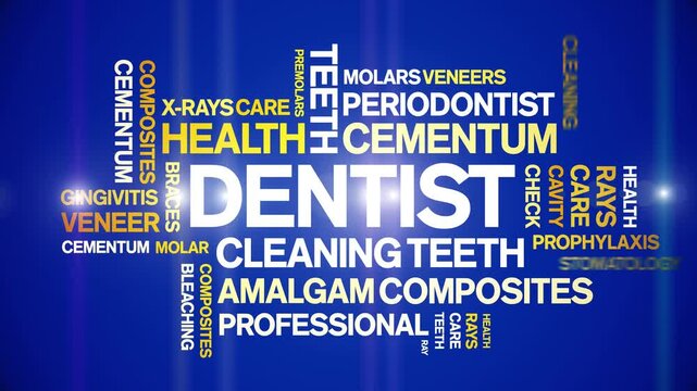 Dentist animated tag word cloud-text design animation kinetic typography seamless loop.