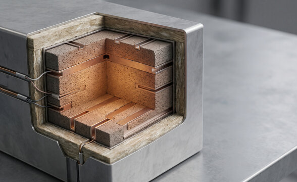 3D Cross-Section of an Industrial Furnace Revealing Internal Refractory Bricks and Thermal Insulation