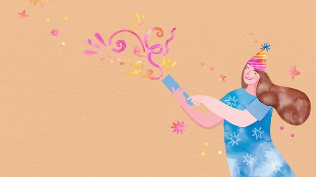 New Year eve greeting template with a watercolor girl celebrating using a confetti popper on a warm peach background.