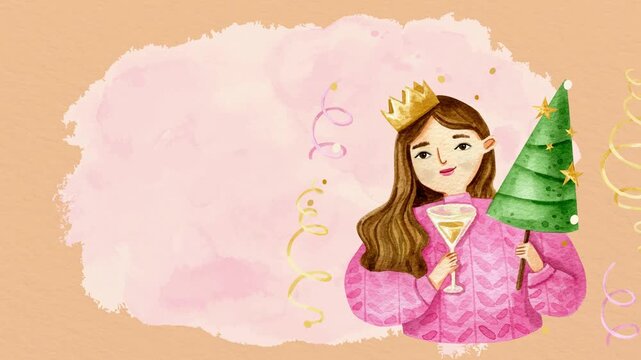 Birthday party background loop featuring a watercolor woman in a cozy sweater holding a green holiday tree on a warm peach background.