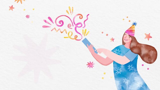 Celebration ecard background showcasing a festive watercolor woman and exploding confetti on a cream backdrop.