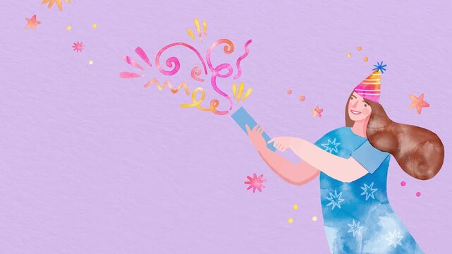 Birthday milestone announcement video featuring a festive watercolor woman launching confetti on a soft lavender texture.