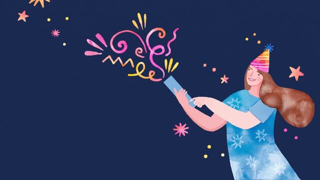 Birthday surprise announcement graphic with a festive watercolor woman launching confetti on a dark navy blue texture.