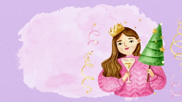 Birthday ecard background showcasing a festive girl in a sweater blinking and blushing with popping confetti on a light lavender texture.