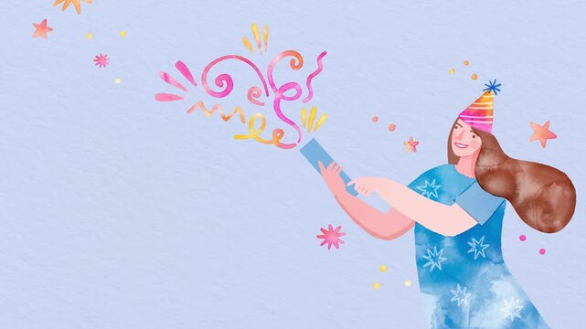 Birthday party ecard animation featuring a hand-drawn female character popping confetti over a pastel blue backdrop.