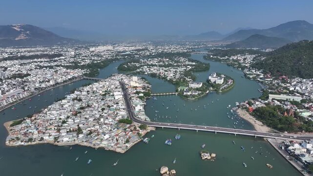 Aerial view of Nha Trang city skyline with beach scenery in Vietnam