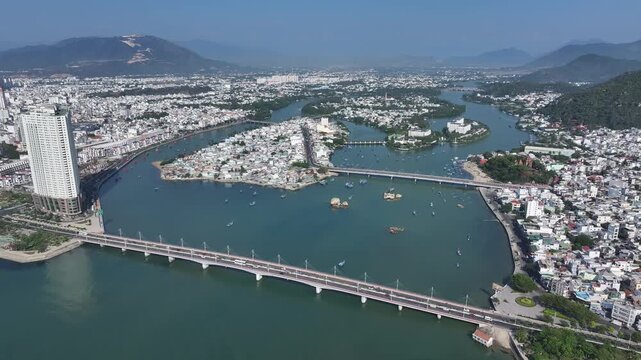 Aerial view of Nha Trang city skyline with beach scenery in Vietnam