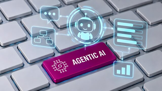 Agentic AI purple keyboard button with glowing robot hologram and data chart interface symbolizing workflow automation and smart technology