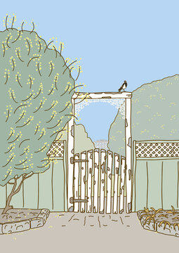 Rustic wooden garden gate with perched magpie lark in minimalist illustration