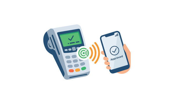 Contactless payment illustration showing a person using a smartphone for mobile wallet transaction at a POS terminal reader on white background