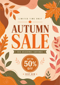 Autumn Sale retail poster template with decorative leaves and fifty percent seasonal discount