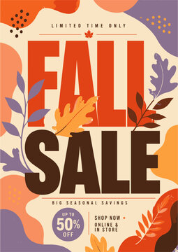 Autumn Sale promotional poster featuring bold typography, maple leaf artwork and fifty percent discount