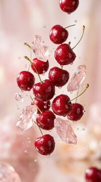Vibrant Red Cherries and Ice Cubes Falling in a Refreshing Splash 1.